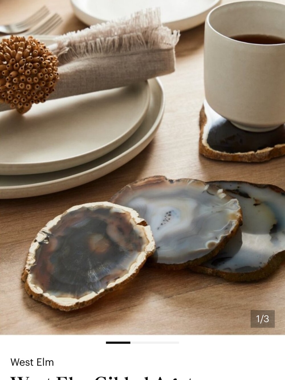 West Elm Agate Coaster Set in Brown and Gray with Gilded Edge